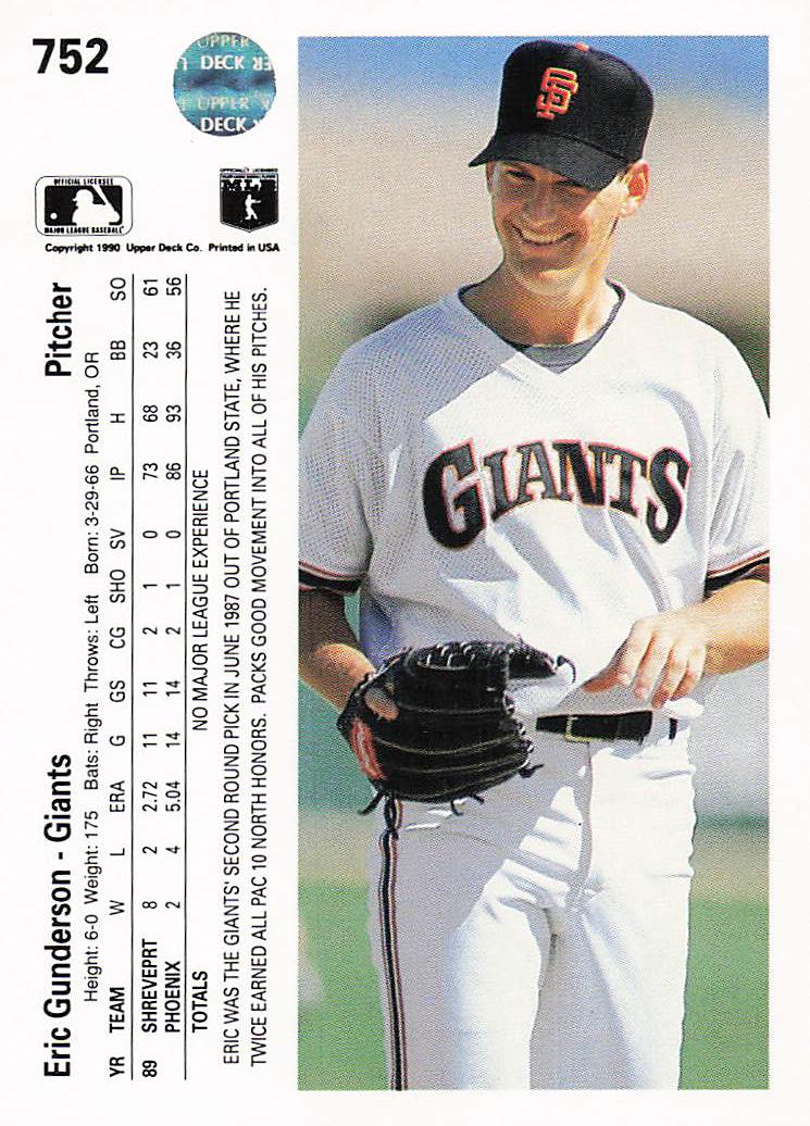 1990 Upper Deck Baseball Eric Gunderson #752 Rookie