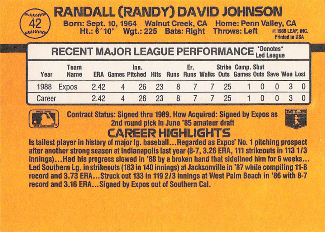 1989 Donruss Baseball Randy Johnson #42b Rookie