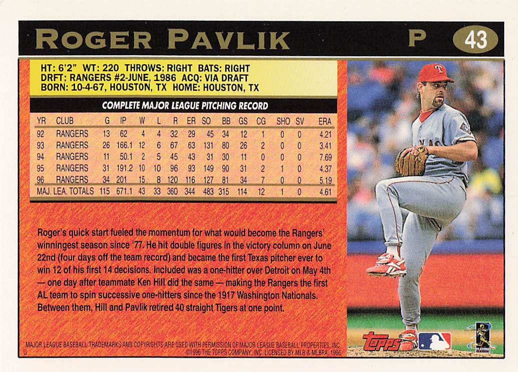 1997 Topps Baseball Roger Pavlik #43