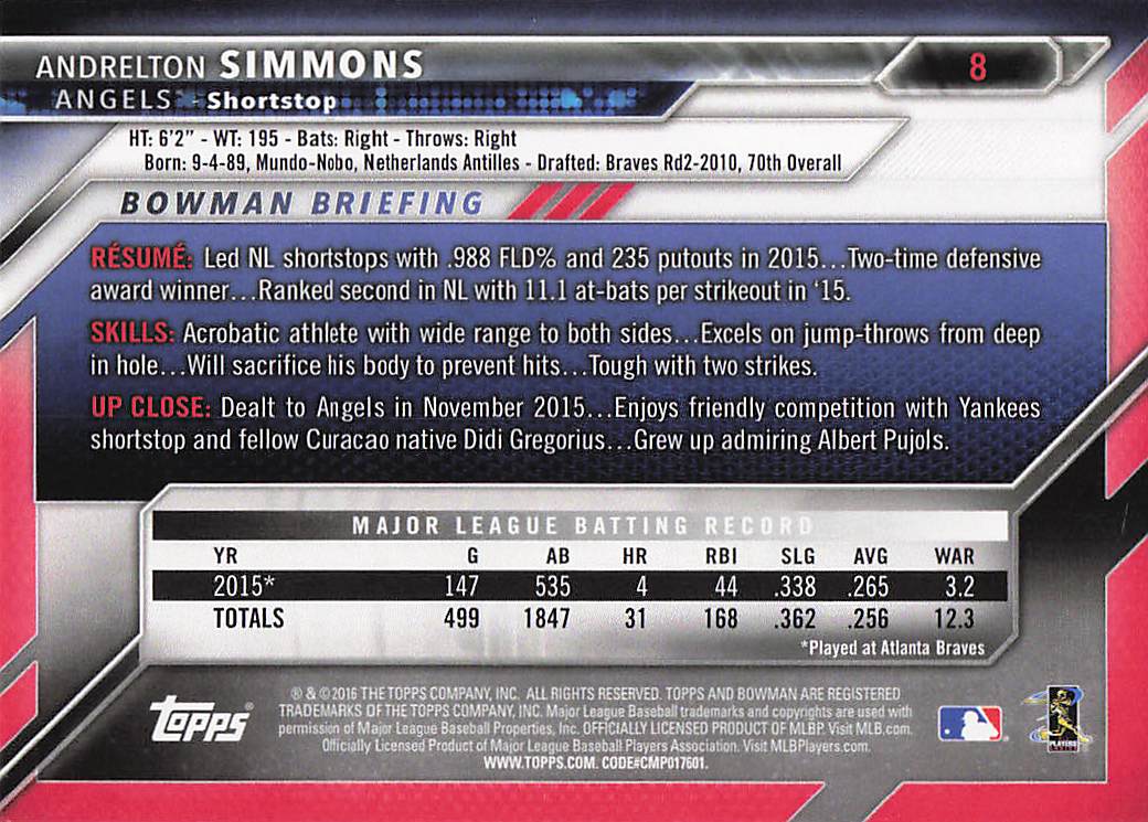 2016 Bowman Baseball Andrelton Simmons #8