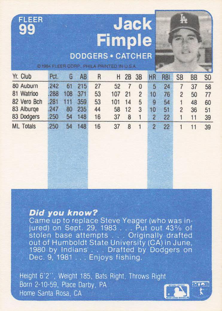 1984 Fleer Baseball Jack Fimple #99 Rookie