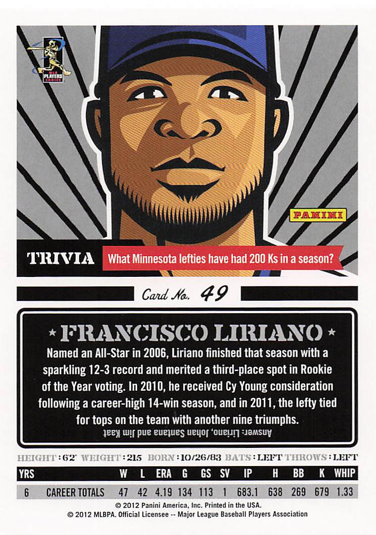 2012 Panini Triple Play Baseball Francisco Liriano #49