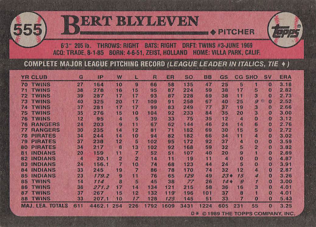 1989 Topps Baseball Bert Blyleven #555