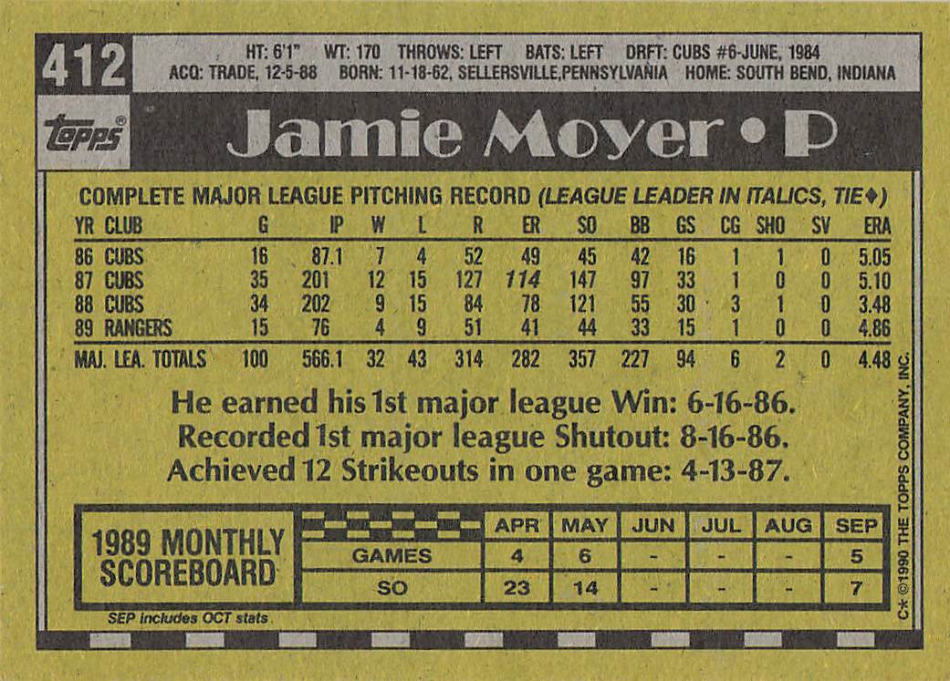 1990 Topps Baseball Jamie Moyer #412