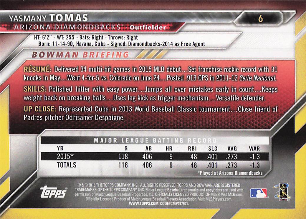 2016 Bowman Baseball Yasmany Tomas #6