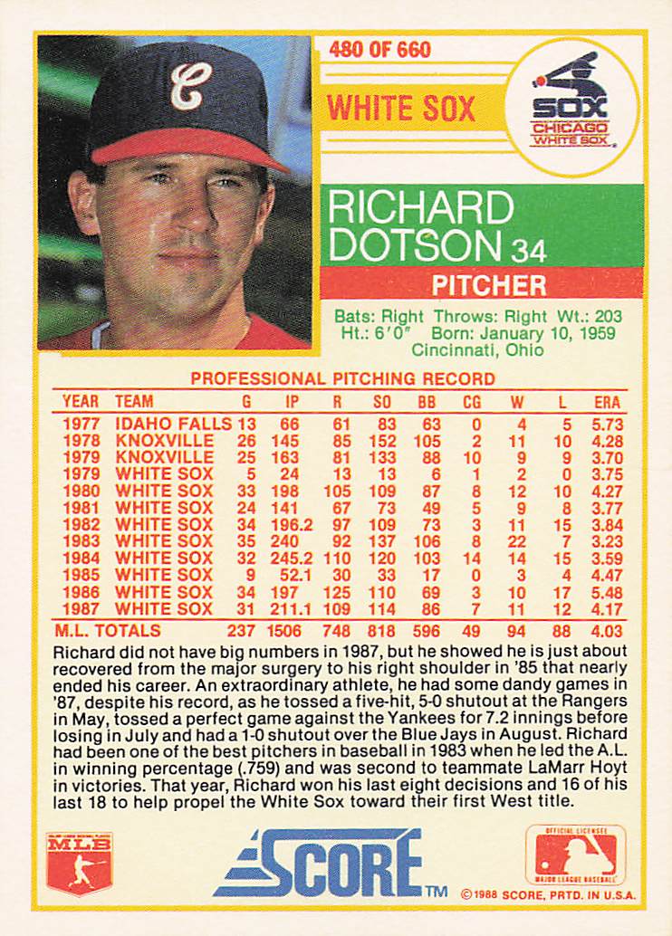 1988 Score Baseball Richard Dotson #480