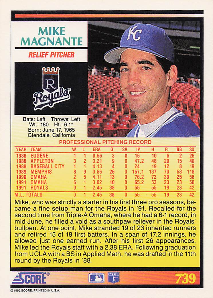 1992 Score Baseball Mike Magnante #739b Rookie