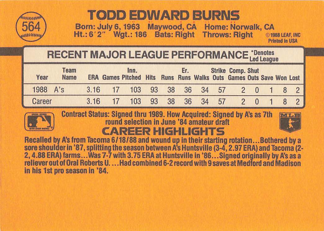 1989 Donruss Baseball Todd Burns #564