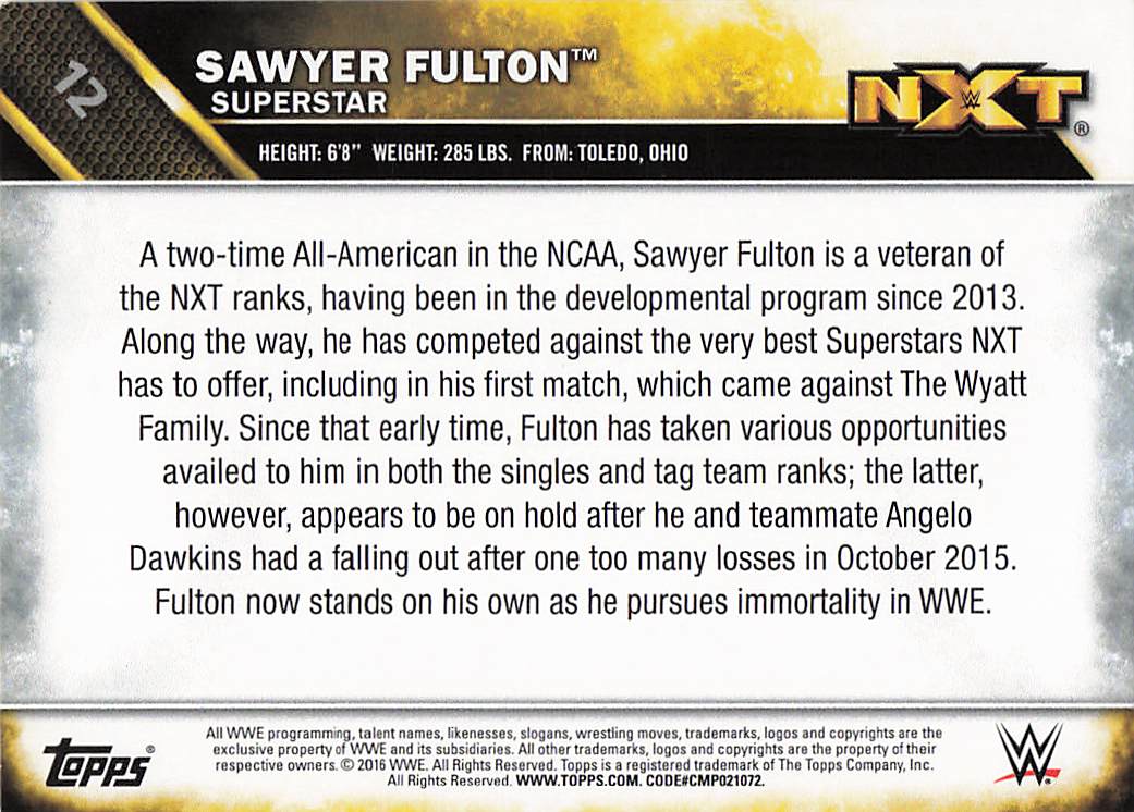 2016 Topps WWE Then Now Forever Wrestling NXT Prospects Sawyer Fulton #12