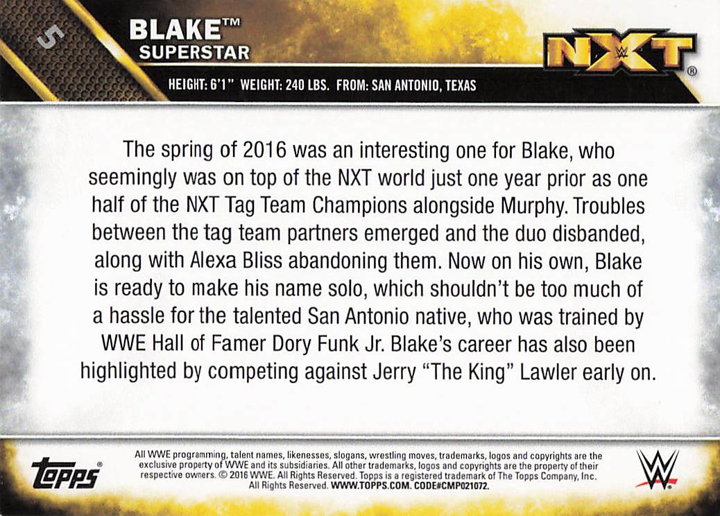 2016 Topps WWE Then Now Forever Wrestling NXT Prospects Blake #5