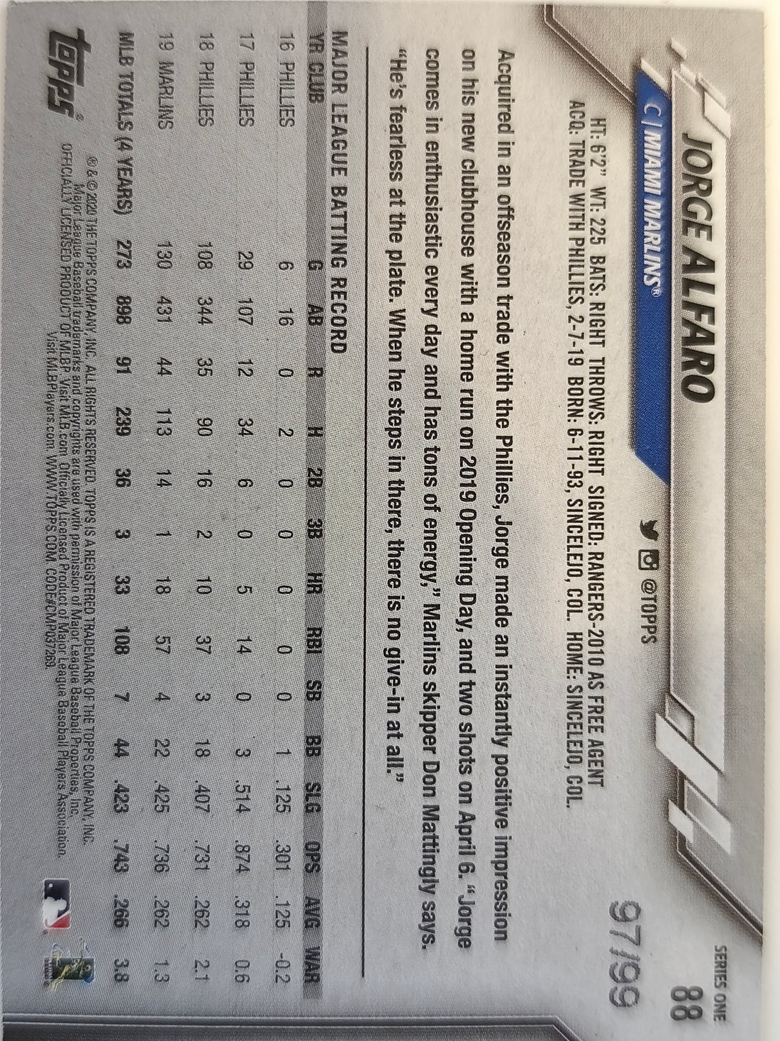 2020 Topps Baseball Vintage Stock 97/99 Jorge Alfaro #88