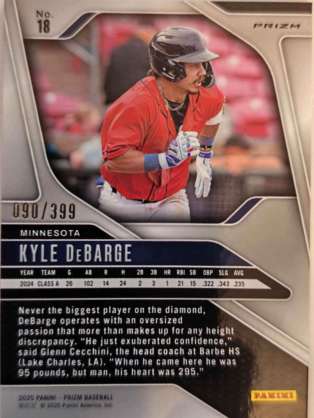 2025 Panini Prizm Baseball Orange Pulsar Prizms 090/399 Kyle DeBarge #18