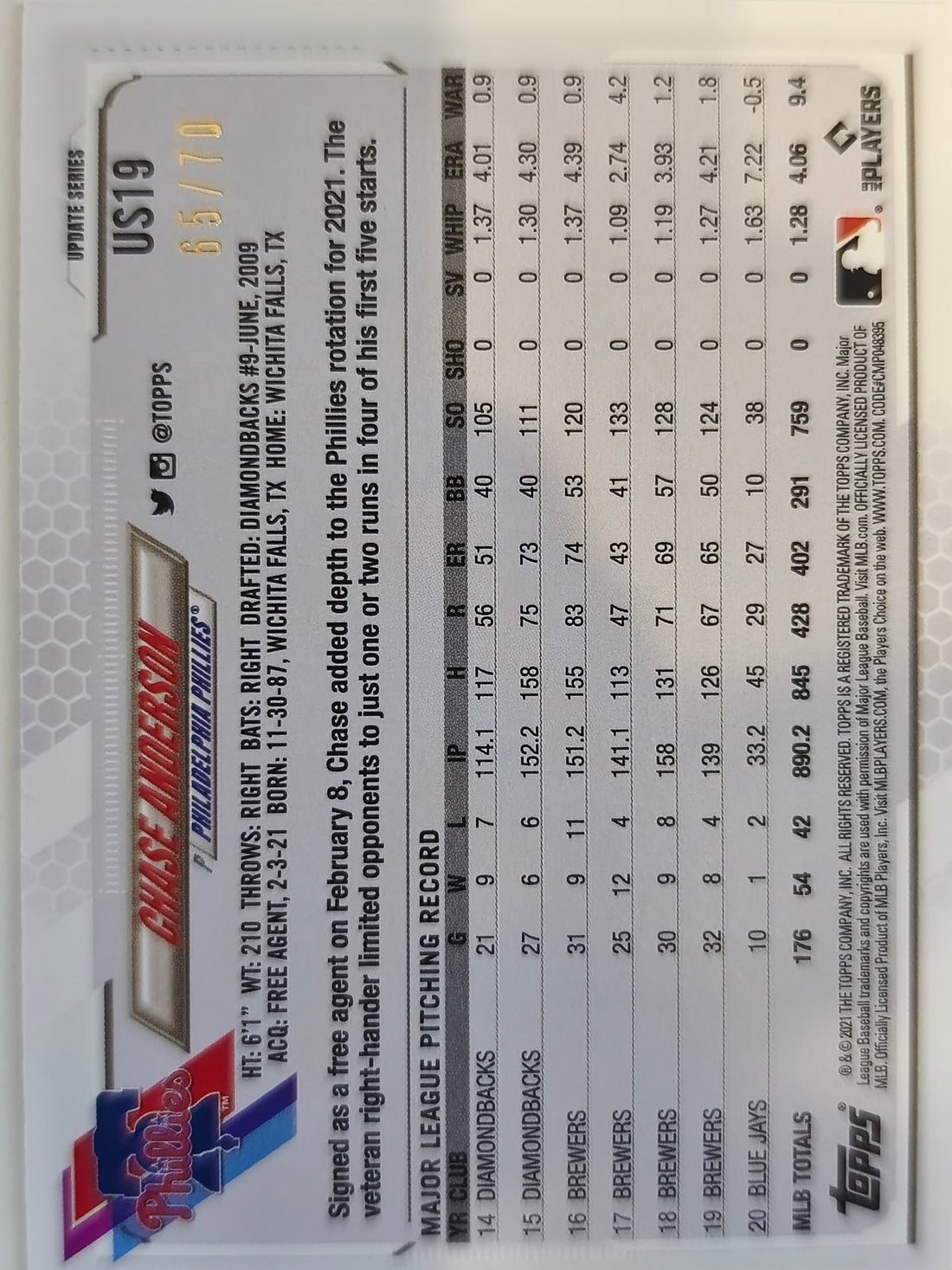 2021 Topps Update Baseball Black 65/70 Chase Anderson #US19