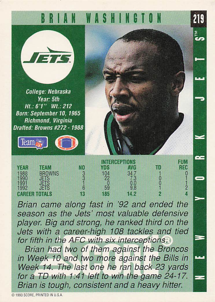1993 Score Football Brian Washington #219