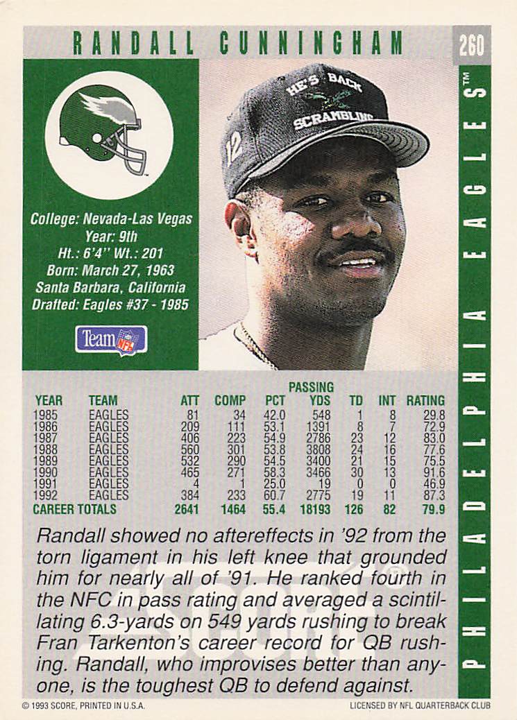1993 Score Football Randall Cunningham #260
