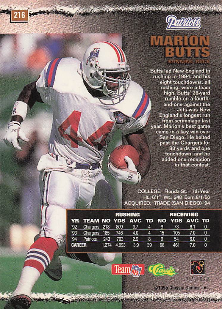 1995 Pro Line Football Marion Butts #216