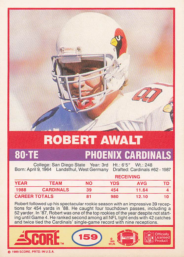 1989 Score Football Robert Awalt #159