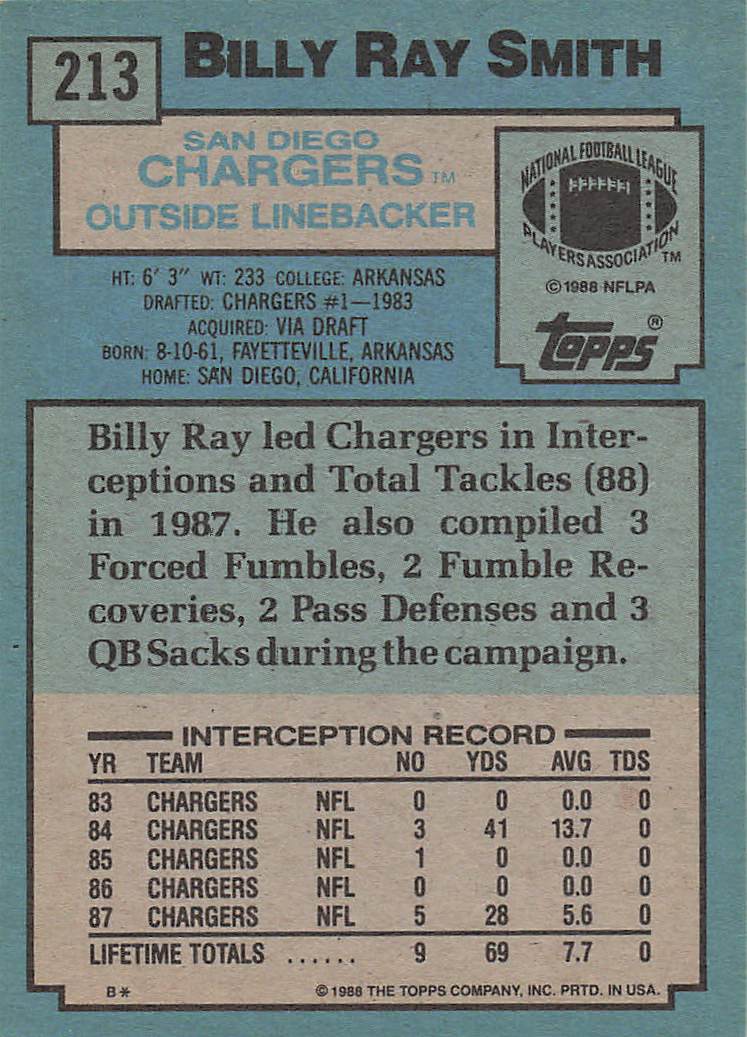 1988 Topps Football Billy Ray Smith #213