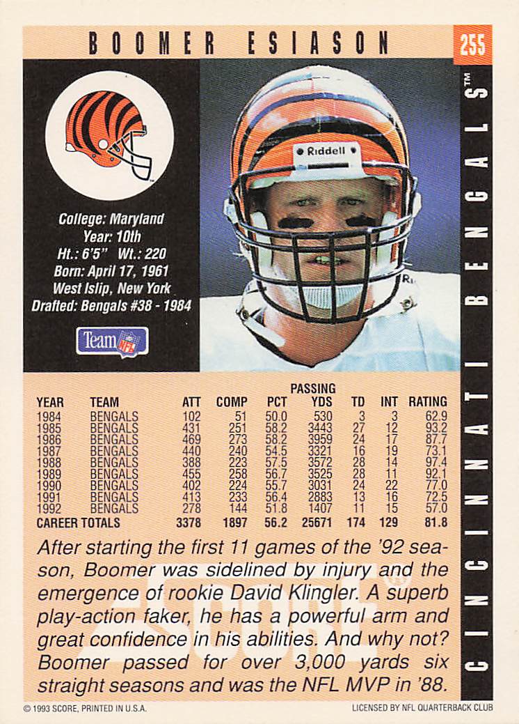 1993 Score Football Boomer Esiason #255