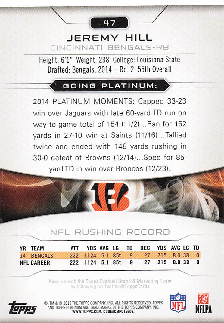 2015 Topps Platinum Football Jeremy Hill #47