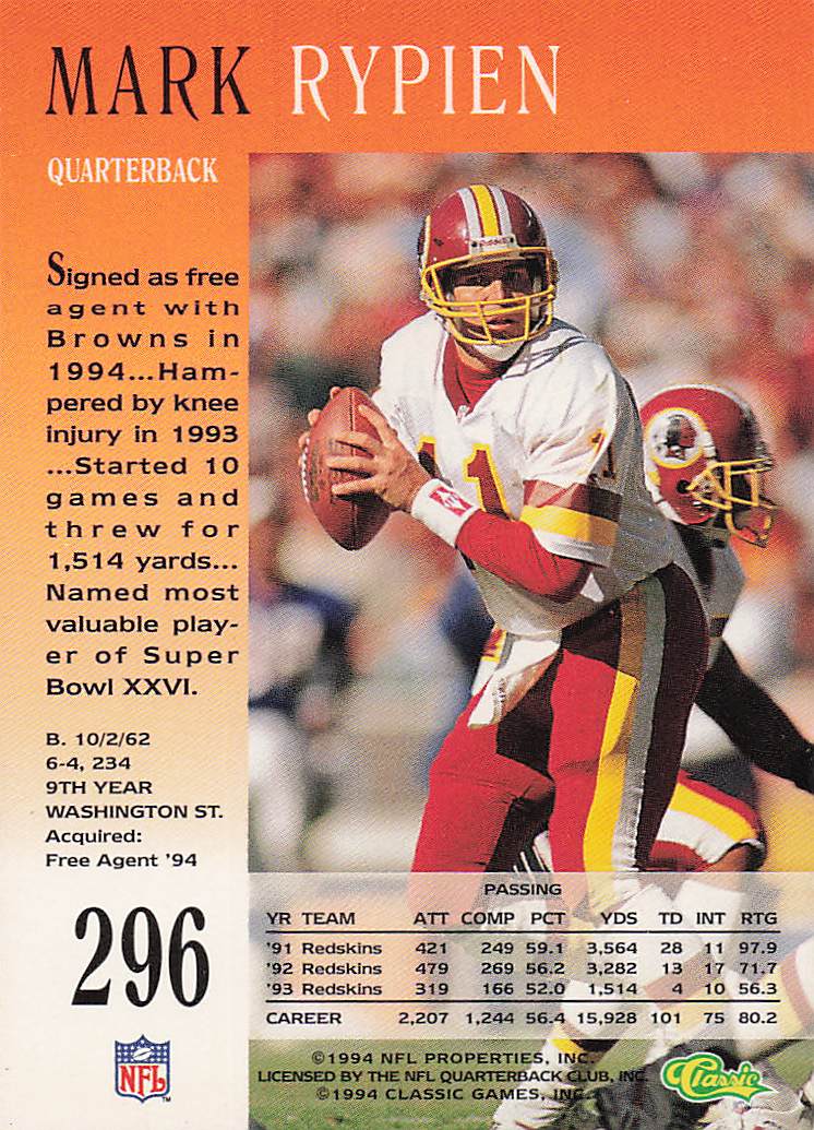 1994 Pro Line Live Football Mark Rypien #296