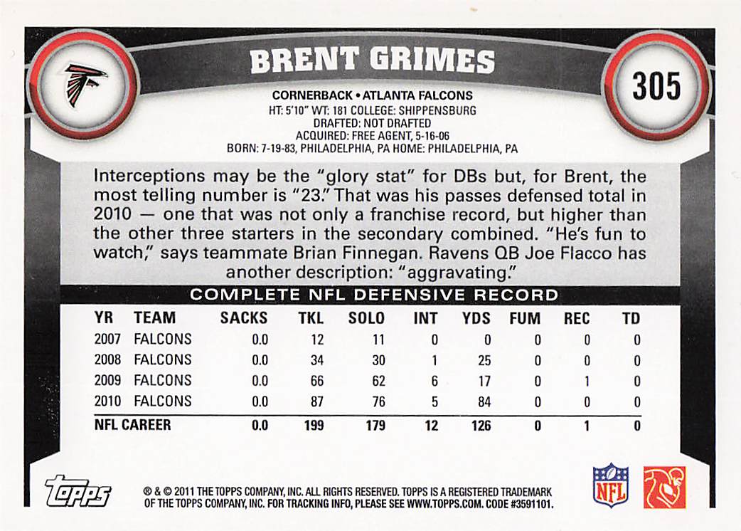 2011 Topps Football Brent Grimes #305 Rookie