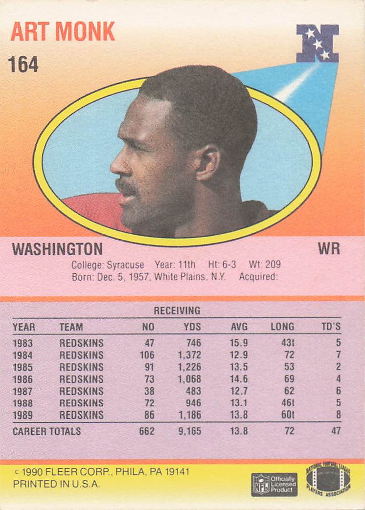 1990 Fleer Football Art Monk #164