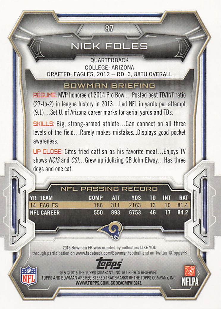 2015 Bowman Football Nick Foles #87