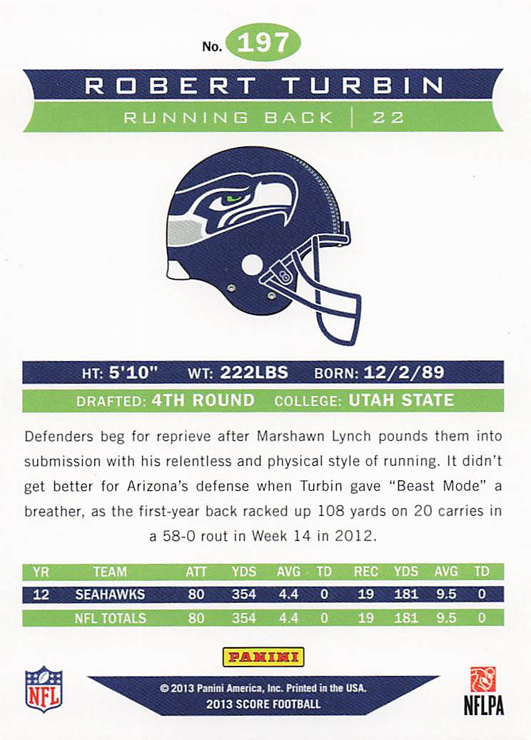 2013 Score Football Scorecard Robert Turbin #197