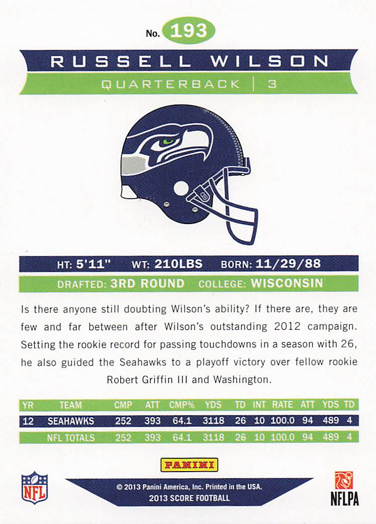 2013 Score Football Russell Wilson #193