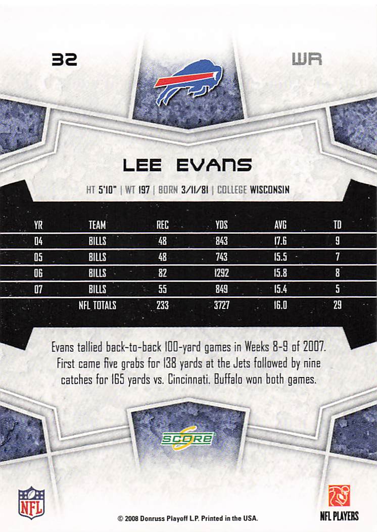 2008 Score Football Lee Evans #32