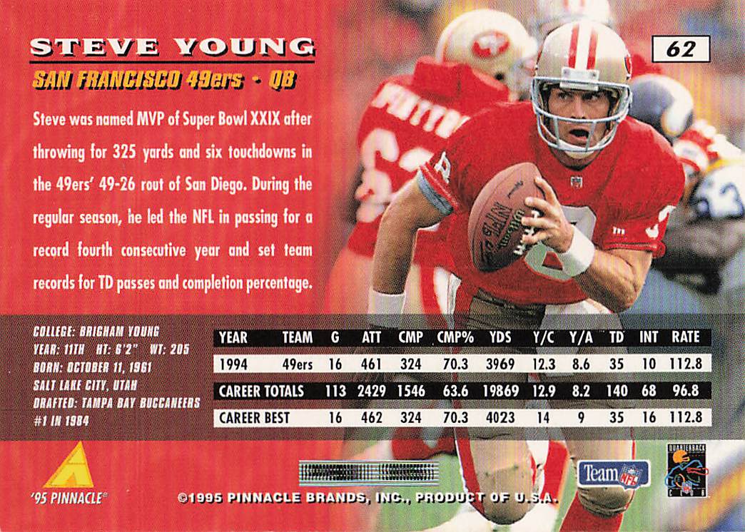 1995 Pinnacle Football Steve Young #62
