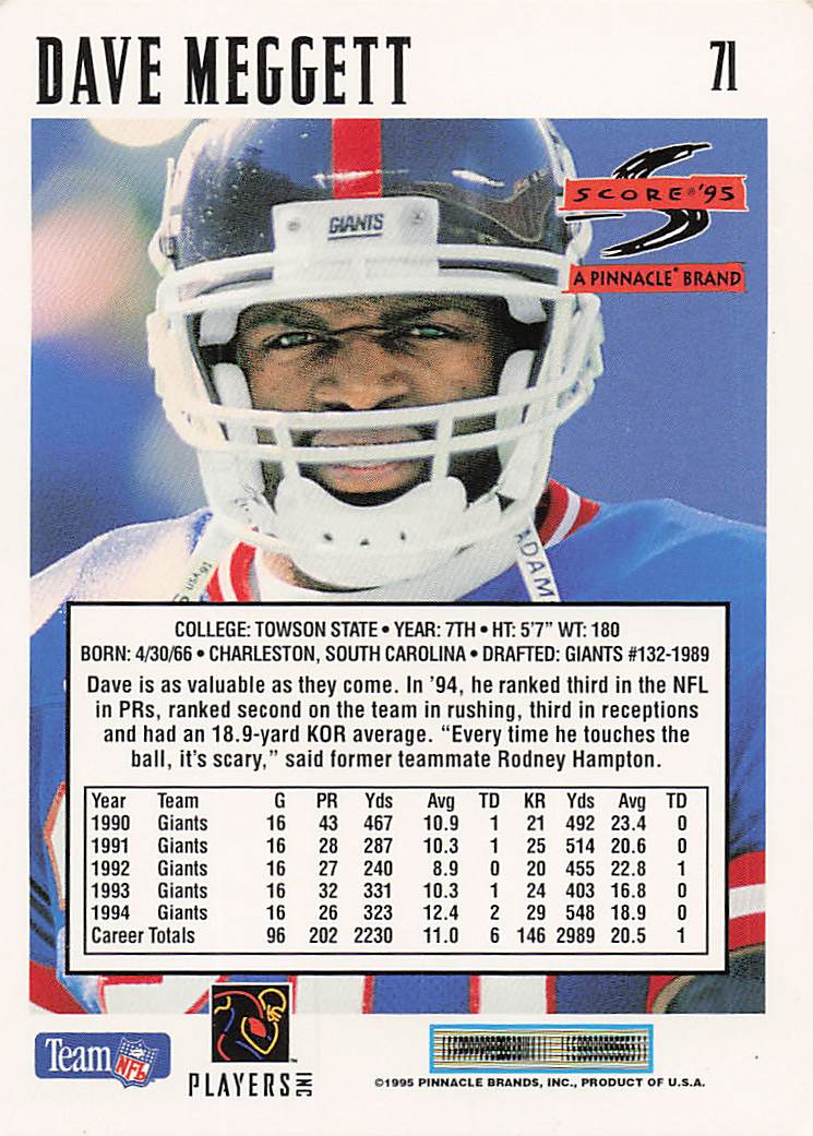 1995 Score Football Promotional Backs Dave Meggett #71