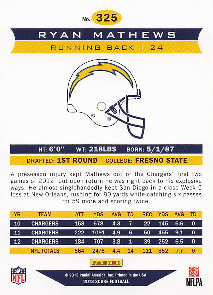 2013 Score Football Ryan Mathews #325