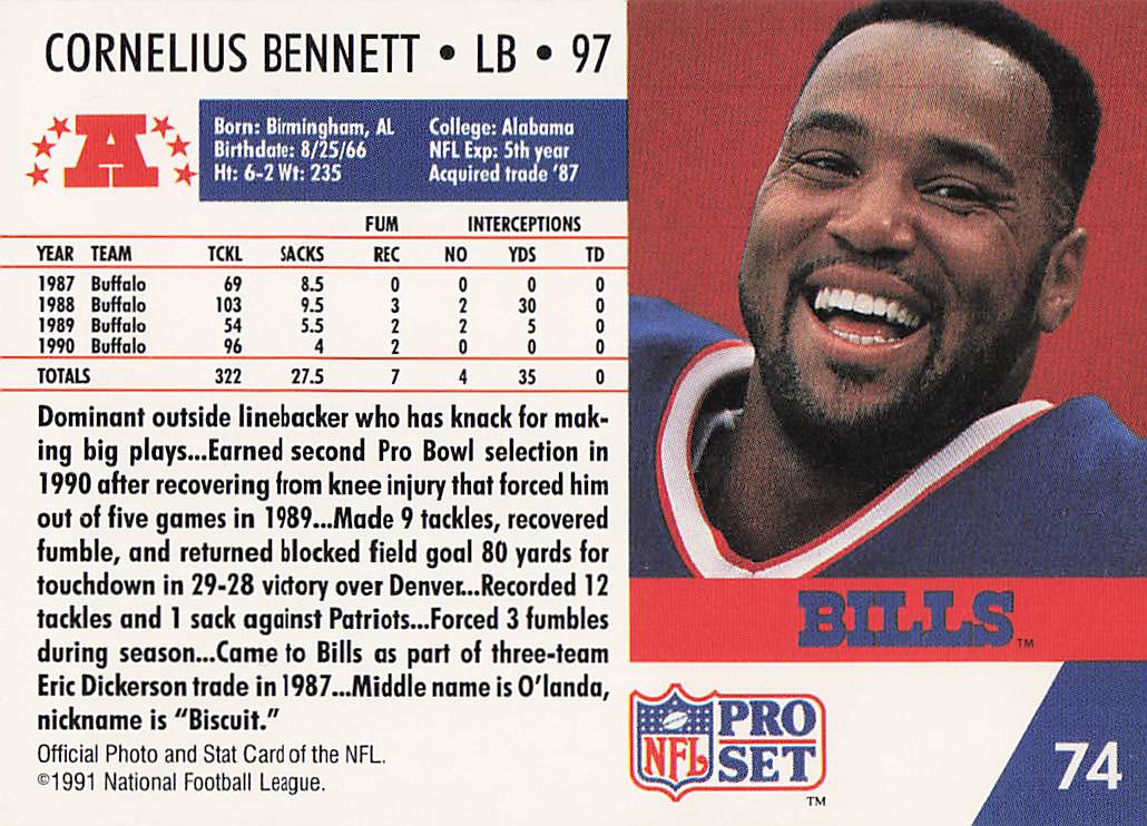 1991 Pro Set Football Cornelius Bennett #74b