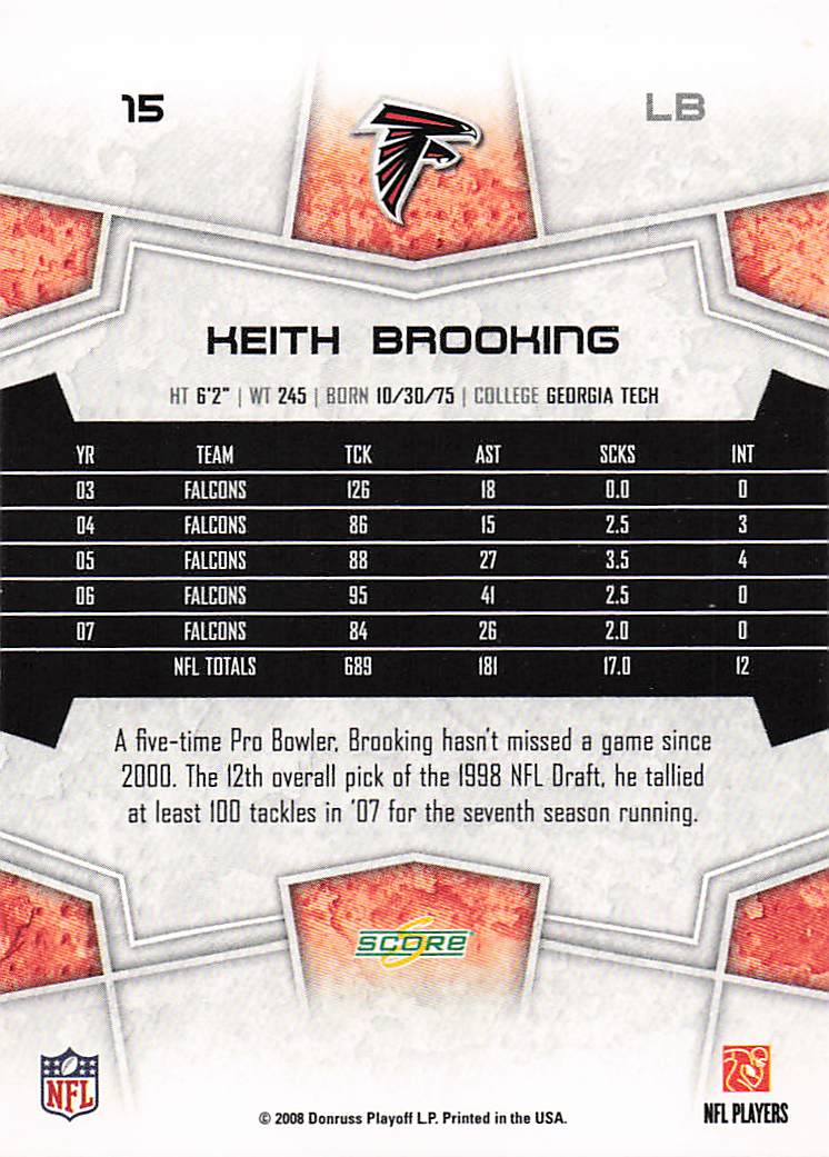 2008 Score Football Scorecard Keith Brooking #15