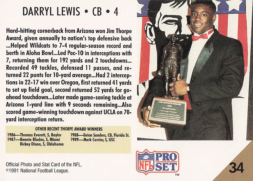 1991 Pro Set Football Darryll Lewis #34 Rookie