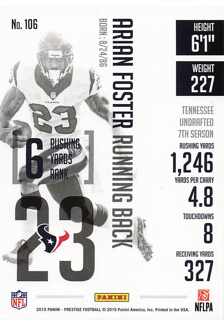 2015 Panini Prestige Football Arian Foster #106