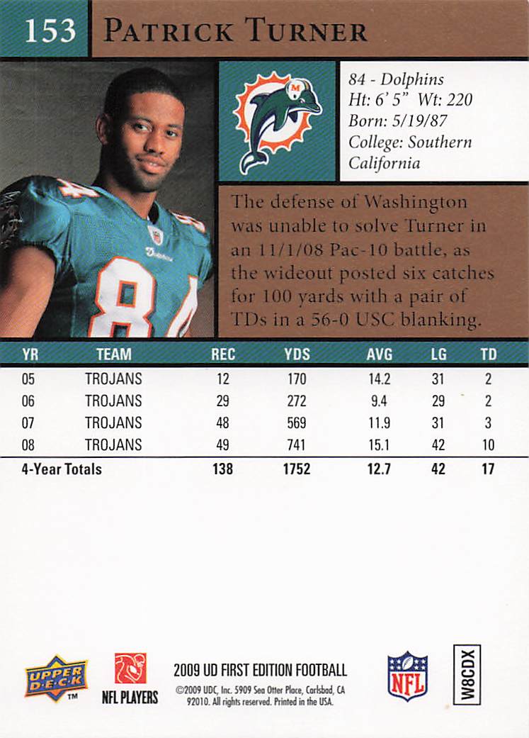 2009 Upper Deck First Edition Football Patrick Turner #153 Rookie