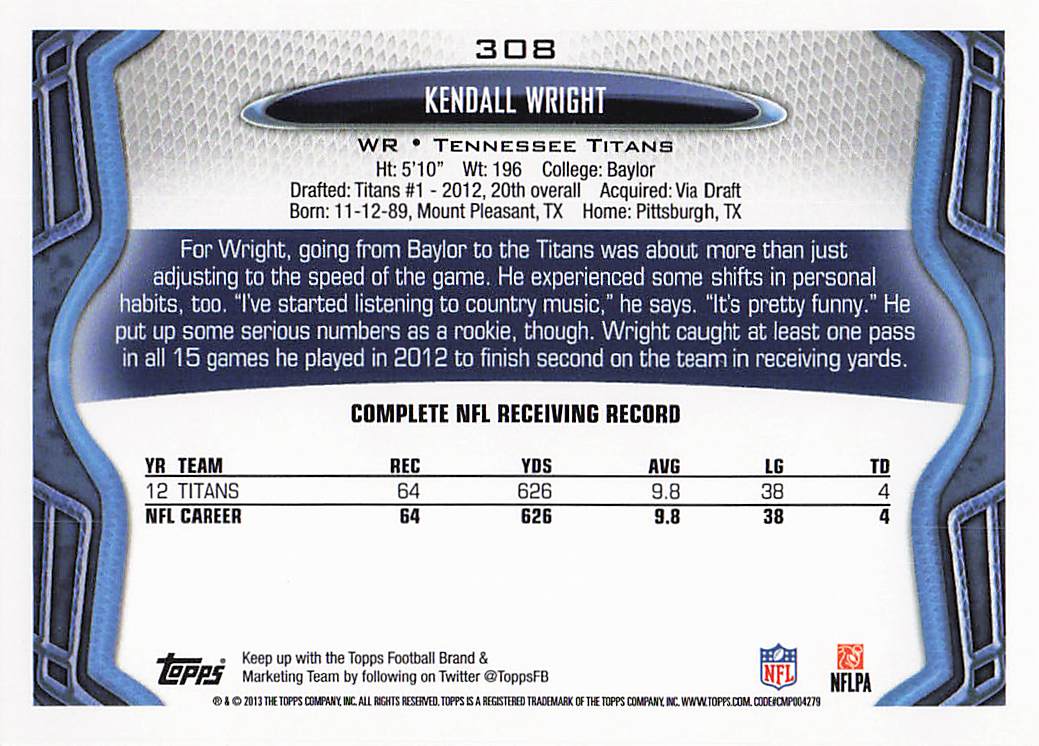 2013 Topps Football Kendall Wright #308