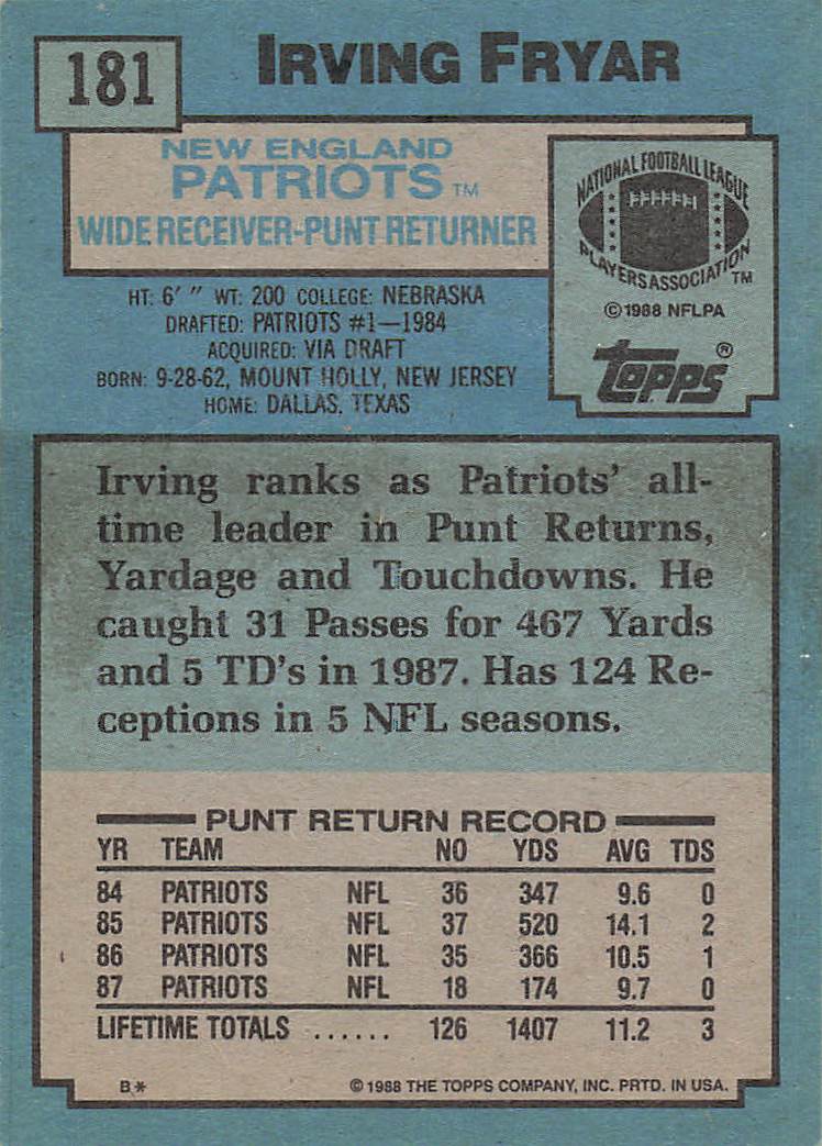 1988 Topps Football Irving Fryar #181