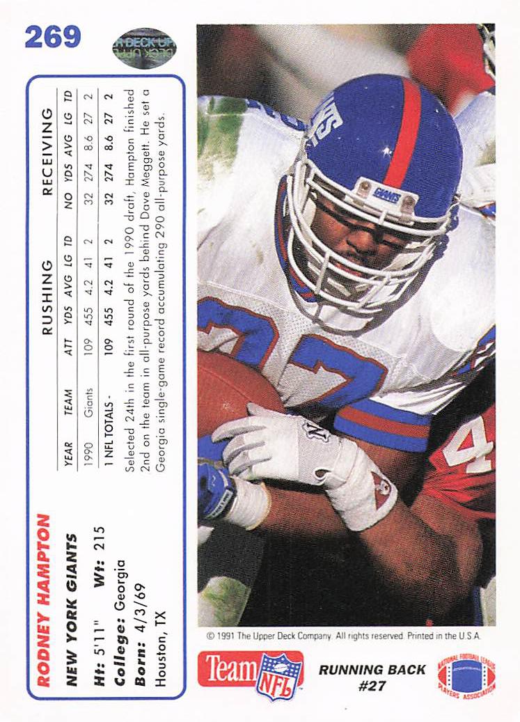 1991 Upper Deck Football Rodney Hampton #269b
