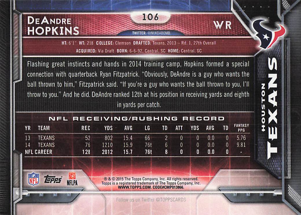2015 Topps Football DeAndre Hopkins #106
