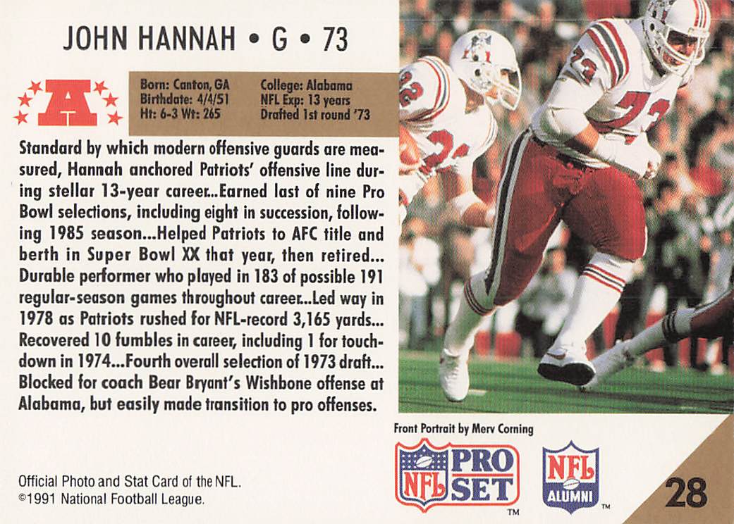 1991 Pro Set Football John Hannah #28
