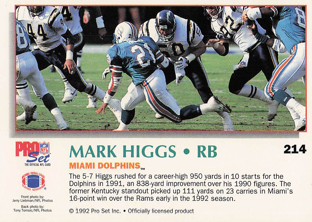 1992 Pro Set Power Football Mark Higgs #214