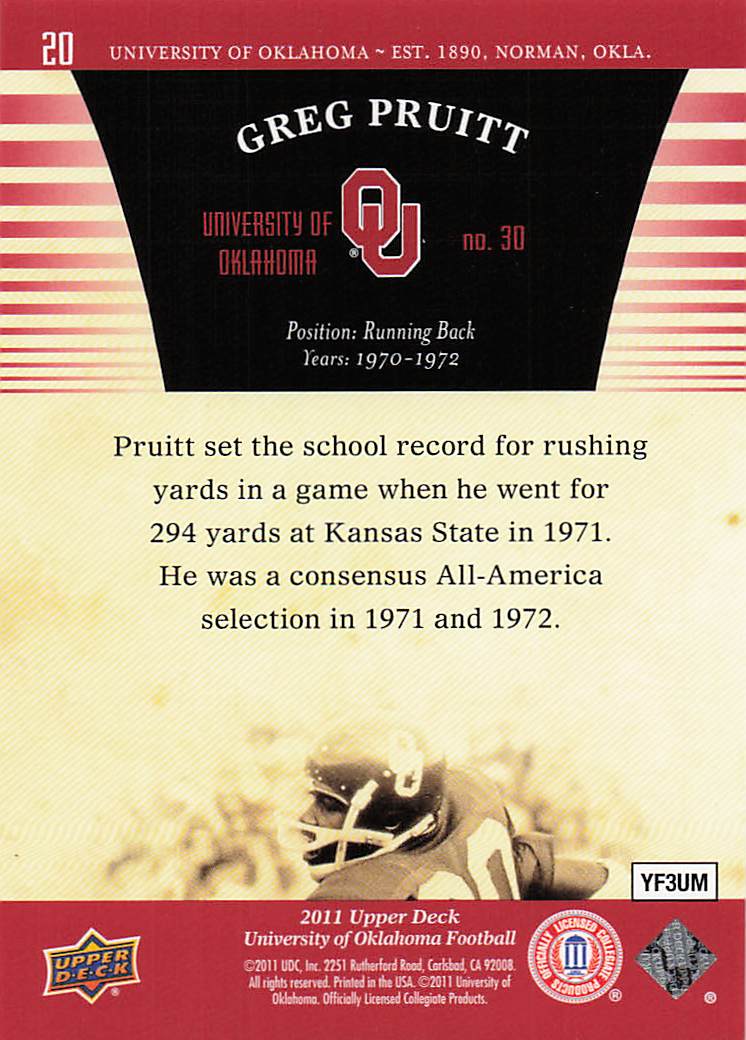 2011 Upper Deck University of Oklahoma Football Greg Pruitt #20