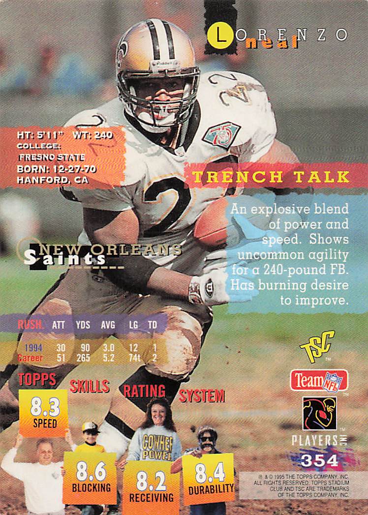 1995 Stadium Club Football Lorenzo Neal #354