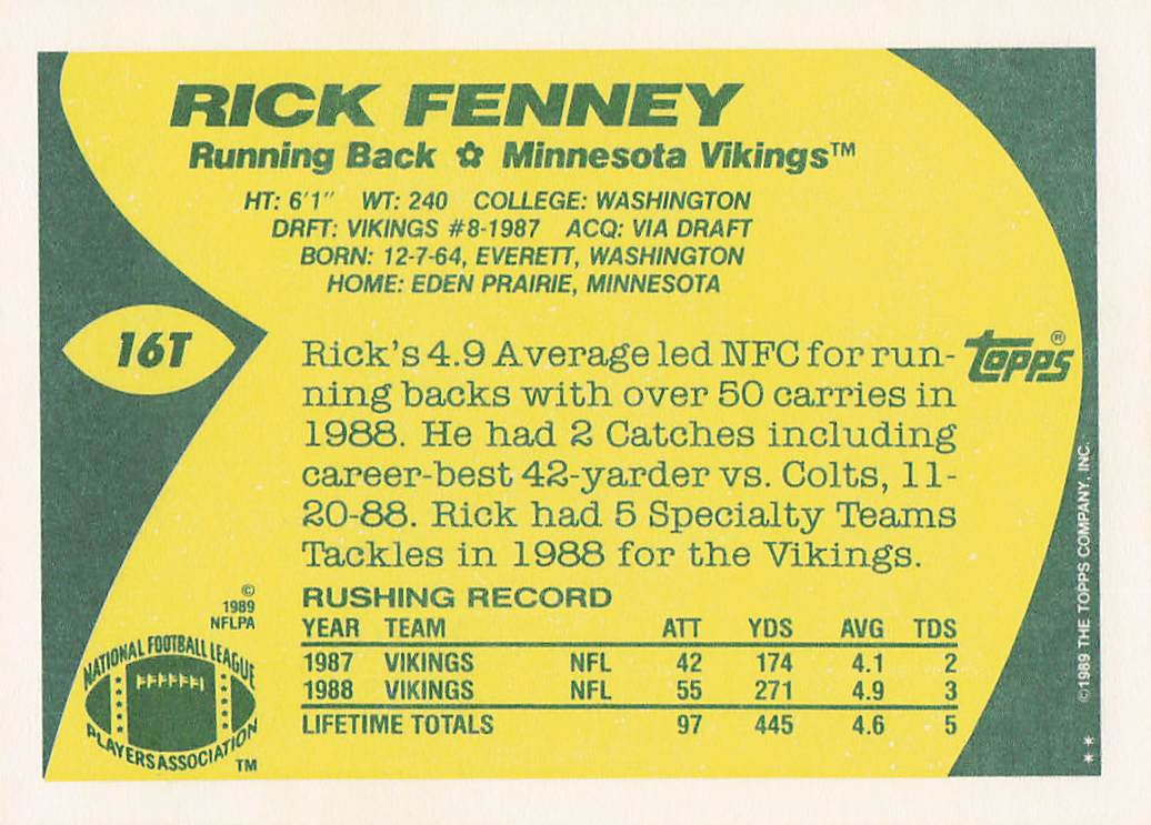 1989 Topps Traded Football Rick Fenney #16T
