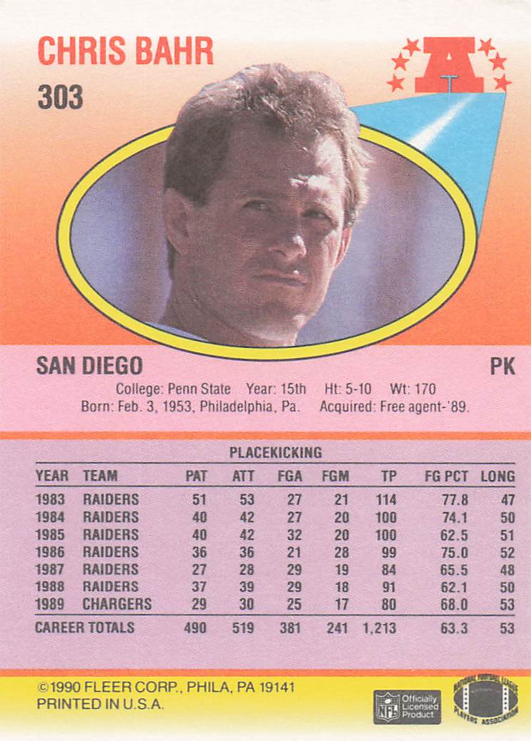 1990 Fleer Football Chris Bahr #303