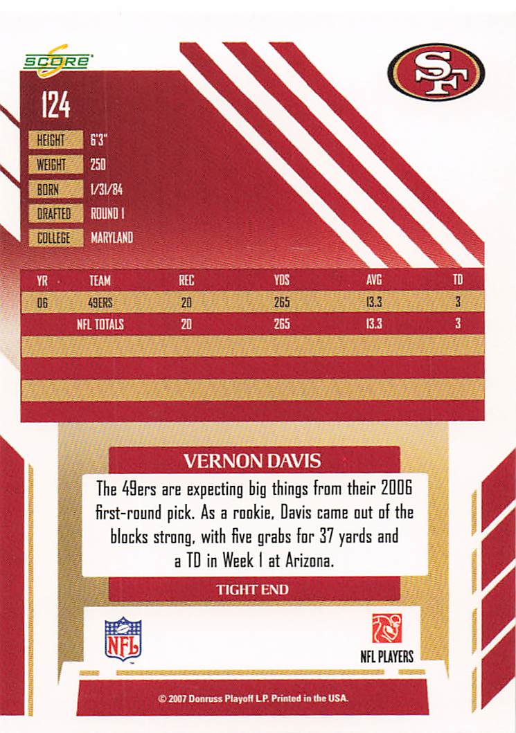 2007 Score Football Vernon Davis #124